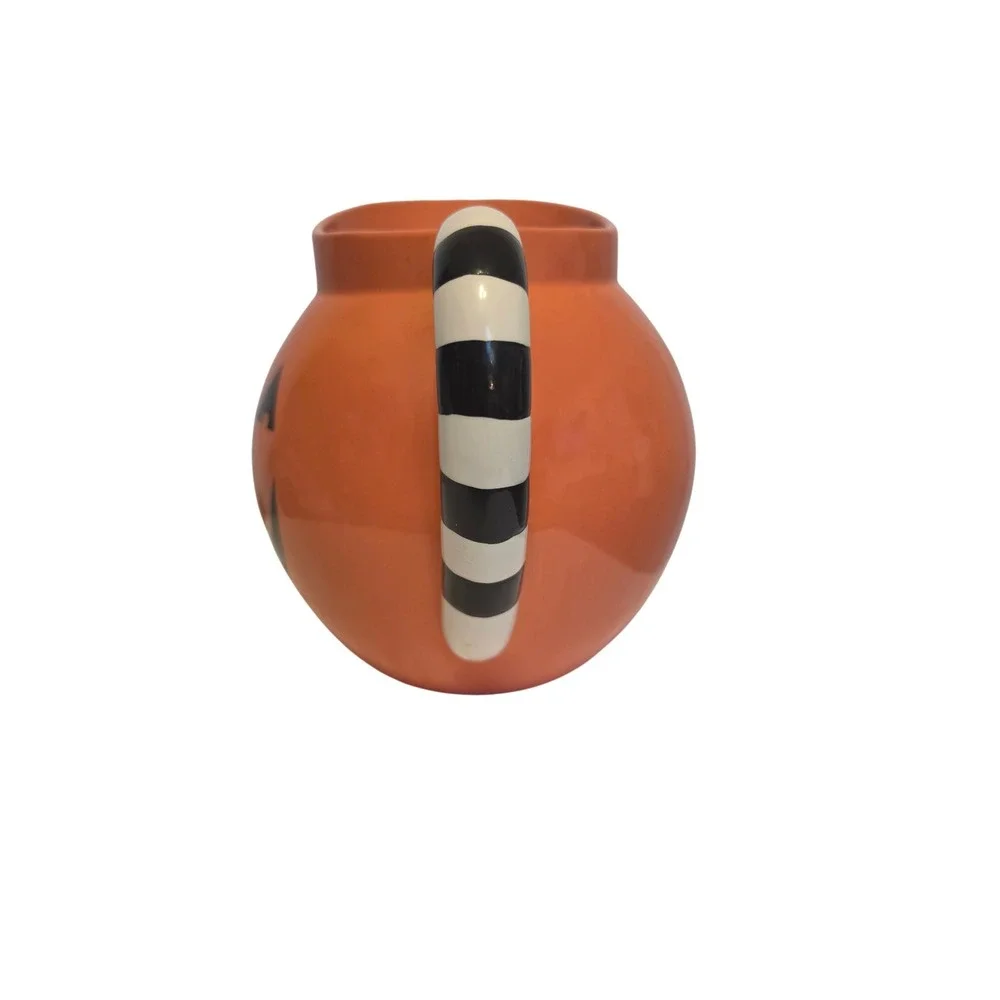 Hallmark Halloween Pumpkin‎ Pitcher Jack O Lantern Striped Handle Ceramic Orange